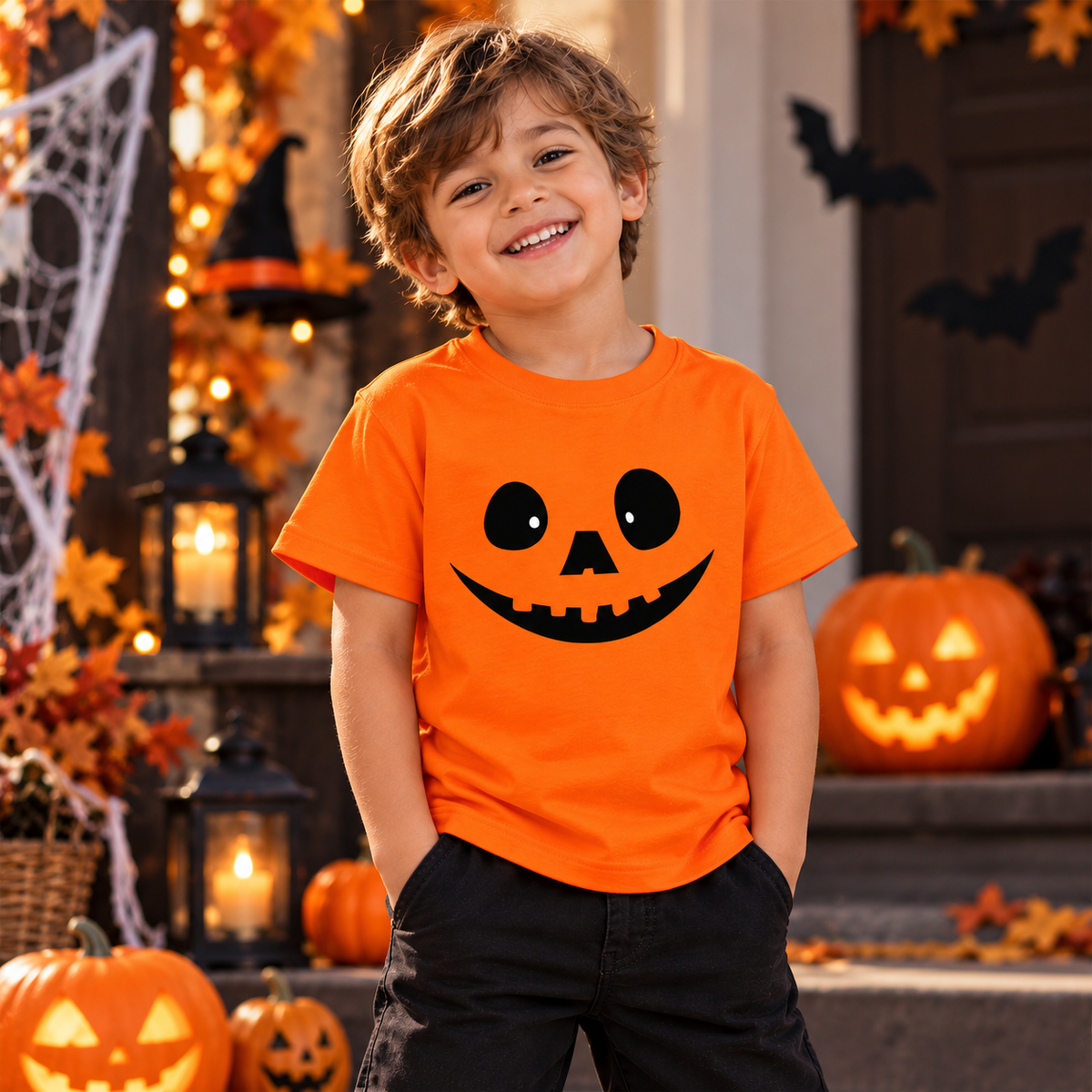Smiling Pumpkin – Kids’ Halloween T-Shirt | Moosaru